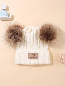 Baby Double Pom-Pom Knitted Hat With Braided Pattern And Car Logo Design The Car Logo Has A Heart FASHION Unisex For Girls Fashionable Casual Outfit For Autumn And Winter. - Double Pompom Knitted Hat - View 3