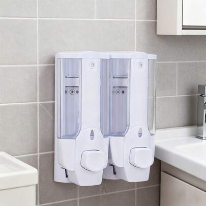 2pcs - Manual Pump White Soap Dispenser, Wall-Mounted Kitchen Bathroom Pump Type Soap Box, Made Of ABS, Dual-Head Design, Wall-Mounted Soap Dispenser, Hotel Bathroom Shampoo & Body Wash Refillable Bottle, Kitchen Handwash Pump Box