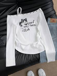 女士休闲露肩字母印花毛衣，甜美可爱长袖上衣，秋冬