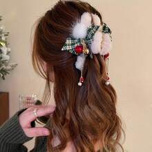 Elegant Christmas Plush Bow Tassel Hairpin For Ladies - Red And Green Rectangular Non- Hair Claw With Faux Fur, Pine Leaves And Gold Accents, Suitable For Updos, Parties, Holidays And Mother's Day Gifts