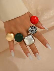 5 件/套几何圆形和方形戒指套装，欧美风格个性化女士戒指，日常搭配，可单独佩戴或叠戴，派对珠宝礼物，必备配饰 - 彩色 - 查看 3
