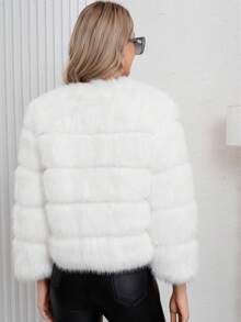 Elegant Women's Faux Fur Coat White Color Regular Sleeve Round Neck Wrist Length Contrast Faux Fur Design Warm Lined For Winter Christmas And New Year - White - View 7