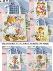 Bolso de tela con impresión de niña de dibujos animados vintage a doble cara, bolso de compras con estampado de flores, estilo bohemio y académico, ideal para regalos de Otoño, Acción de Gracias y Pascua, adecuado para uso diario, picnics, vacaciones en la playa, trabajo y escuela, 16in*14in
