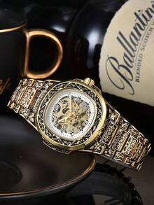 LONGLUX 1pc Men's Hollow Automatic Mechanical Movement Engraved Retro Numeric Scale Waterproof Watch - Multicolor - View 3