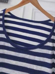 Blusa asimétrica de cuello redondo acanalada con rayas y contraste de color, elegante y romántica, para mujer de talla grande