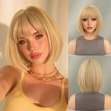 NICKY WALL Elegant 12 Inch Short Straight Wigs For Women Blonde Highlights Bob Wigs With Bangs, High Density Fluffy Synthetic Heat Resistant Fiber Hair Wig For Daily Party Use - Blonde Highlight - View 13