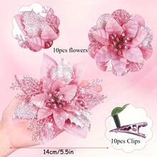 20pcs Glitter Poinsettia Artificial Christmas Flowers With Clips - Sparkling Blue & Pink Floral Garland Ornaments For Holiday Tree Decor, Wedding, And Party Decorations, Christmas Decorations - 10flower+10Clips - View 4