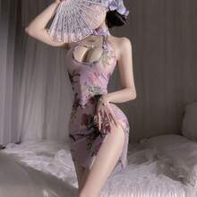 Sexy Lingerie Flirting Sexy Clothes Abstinence Style Pure Desire Pajamas Women QQNY Cheongsam Uniform - Tím [Sườn xám + Quần thun] + tất - Xem 2