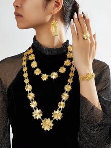 1 Set Of Chic Vintage-Style Golden Copper Jewelry Set Including Necklace, Bracelet, Ring, Earrings, Suitable For Casual Outings, Gatherings, Dates, Holidays As Gifts For Women, Girlfriends, Parents - PWJT-018 - View 2