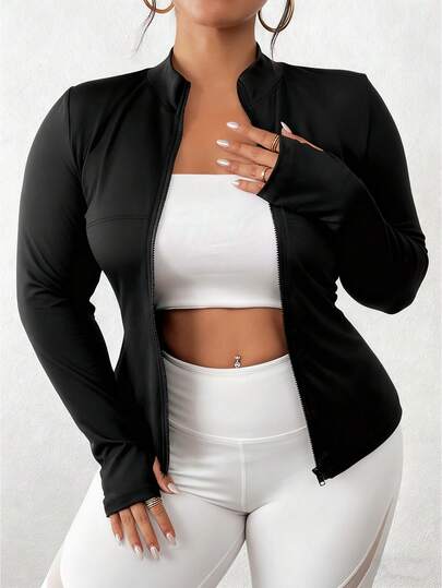 Plus Size Women Autumn/Winter Sports Jacket, Black Long Sleeve Thumb Hole Tight Zipper Yoga Coat, Outdoor Running Fitness Cycling Sportswear