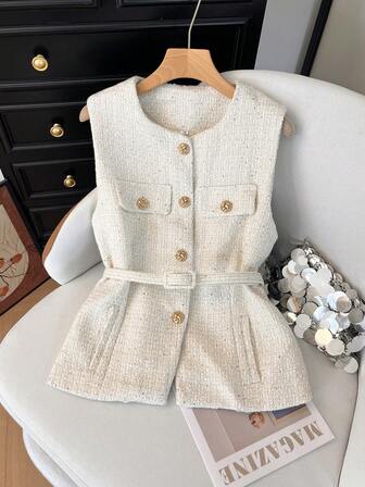 GMFP Women's Sequin Top Autumn Casual Elegant Commuter Metal Single-Breasted Round Neck Belted Beaded Decorative Sequins Texture Jacket Tweed Waistcoat Jacket