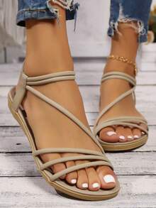 A Pair Of Shoes  Elegant  Vacation  Beach  PU Leather  Criss Cross    Flat Sandals  Beach  Holiday  School  Vacation  Party  Office  Home  Summer - 卡其色 - 查看 2