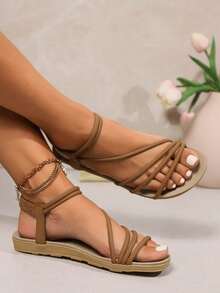 A Pair Of Shoes  Elegant  Vacation  Beach  PU Leather  Criss Cross    Flat Sandals  Beach  Holiday  School  Vacation  Party  Office  Home  Summer - màu nâu - Xem 2