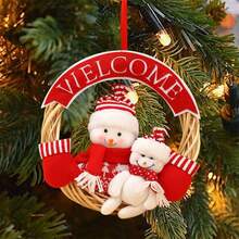 Adornos colgantes navideños: Corona navideña festiva y creativa con diseño de Papá Noel, muñeco de nieve y alce, ideal para decorar fiestas en casa. - Blanco - Ver 1