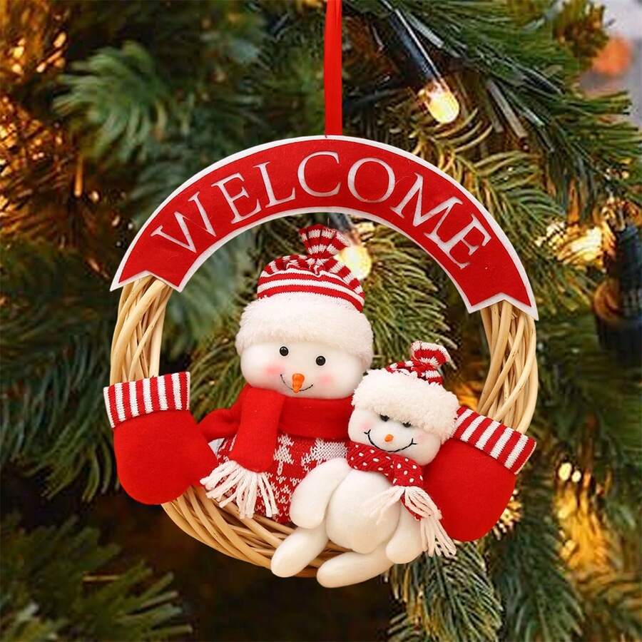 Adornos colgantes navideños: Corona navideña festiva y creativa con diseño de Papá Noel, muñeco de nieve y alce, ideal para decorar fiestas en casa. - Blanco - Ver 1