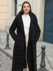 Áo khoác chần bông hai lớp bằng vải dệt ZIAI dành cho nữ, có thắt lưng, áo khoác dày, dáng dài, có mũ trùm đầu, quần áo mùa đông cho nữ, hợp thời trang khi đi nghỉ - màu đen - Xem 11