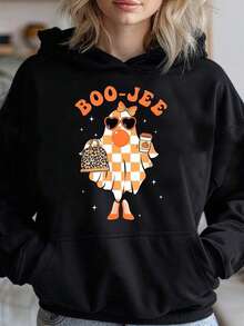 Boo- Spooky Season Coffee Hoodie - Cozy Halloween Print Pullover, Casual Long Sleeve Blend Hoodie For Women, Black With Orange & White Graphic Design, Autumn Casual Top | Halloween Themed Apparel | Nonstretch Material,Fall Hoodies,Men's Fall Clothes,Street Wear,Halloween,Mens Hoodies,Y2k Clothes,Jesus Hoodie,Thanksgiving Day,Nightmare Before Christmas,Christmas - 黑色 - 查看 1