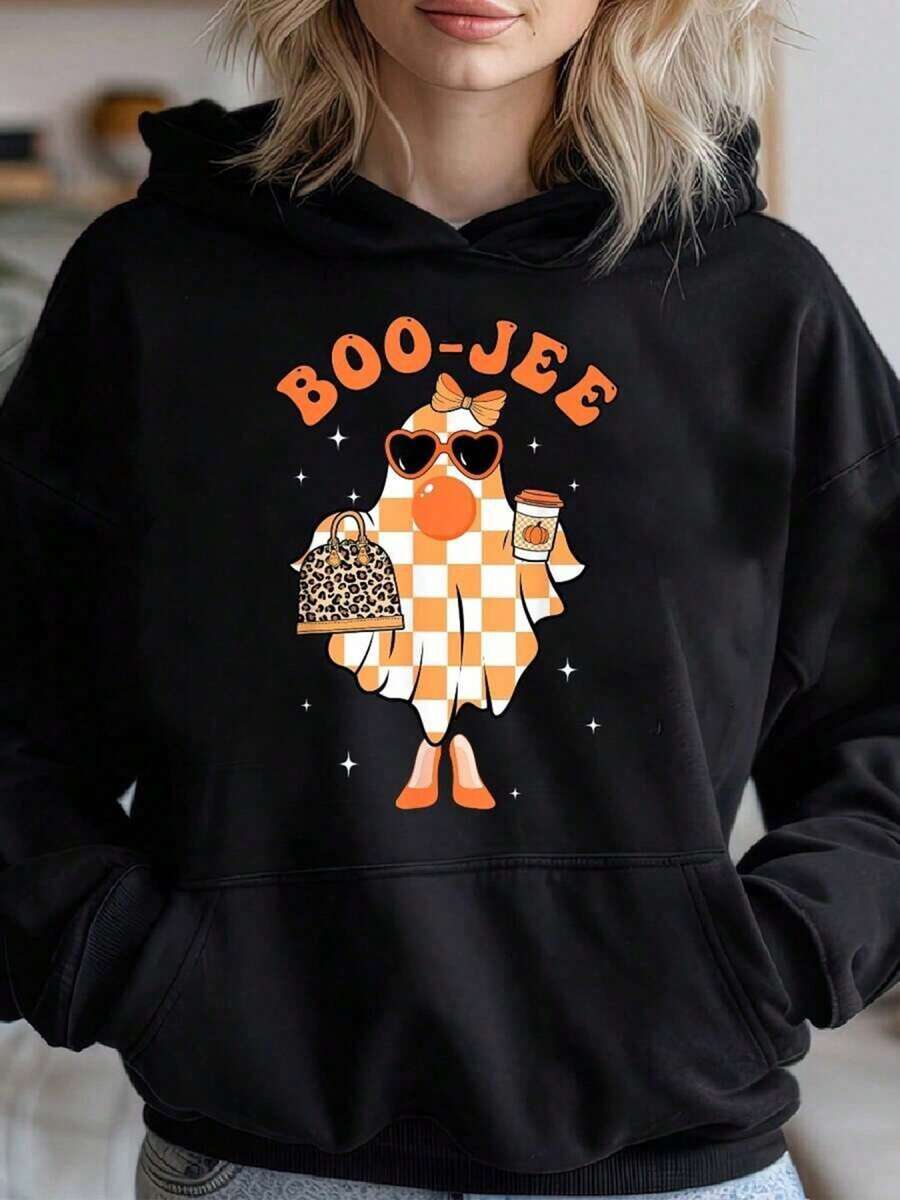 Boo- Spooky Season Coffee Hoodie - Cozy Halloween Print Pullover, Casual Long Sleeve Blend Hoodie For Women, Black With Orange & White Graphic Design, Autumn Casual Top | Halloween Themed Apparel | Nonstretch Material,Fall Hoodies,Men's Fall Clothes,Street Wear,Halloween,Mens Hoodies,Y2k Clothes,Jesus Hoodie,Thanksgiving Day,Nightmare Before Christmas,Christmas - 黑色 - 查看 1