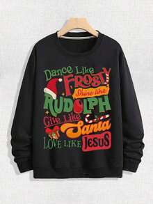 Men's Street Loose Round Neck Sweatshirt With Colorful Art Words Paired With Christmas Hat, Snowflakes, Cane Candy, Gift Box Patterns, Printed With The Words "Dance Like FROSTY Shine Like RUDOLPH Give Like Santa LOVE LIKE JESUS", Christmas Elements, Casual Style, Soft And Casual Long Sleeved Pullover For Spring And Autumn Seasons, Machine Washable For Outdoor Sports,Fall Hoodies,Men's Fall Clothes,Street Wear,Halloween,Mens Hoodies,Y2k Clothes,Jesus Hoodie,Thanksgiving Day,Nightmare Before Christmas,Christmas - 黑色 - 查看 1