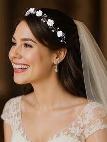 1pc Bridal Wedding Headpiece With Pearl Decor Flower Hairband Brides Stylish Hair Accessory For Wedding And Special Occasions - White - View 2