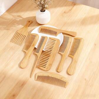 Natural Bamboo Cushion Brush Set | Hand-Polished Anti-Static & Hair-Friendly, 7 Brush Types For Full Scalp Massage/Styling, Rounded Teeth Gently Clean Without Scratching, Natural Bamboo Moisture-Proof & Crack-Resistant, Portable Travel & Home Combo, Craftsmanship Gift Or Personal Use