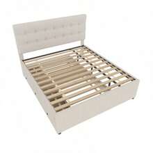 (=WX000502AAA) Upholstered Bed, 140x200cm, Double Bed, Family Bed, Double Bed With Three Drawers, Trundle Bed, Adjustable Headboard, Without Mattress, Beige - Beige - View 12