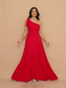 Helena Long Dress Luxury Plain Dune Linen With Bow One Shoulder - 紅色 - 查看 1