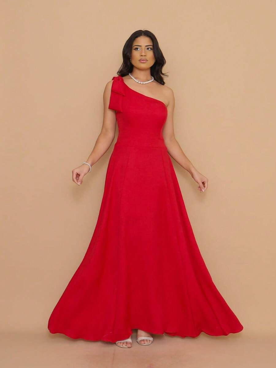 Helena Long Dress Luxury Plain Dune Linen With Bow One Shoulder - 紅色 - 查看 1