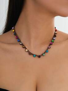 Fashionable Colorful Crystal Embellished Chain Necklace, Elegant & Suitable For Women's Daily Wear - Chocolate Gold - View 2