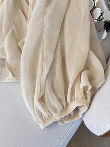 Áo sơ mi nữ GMFP kiểu dáng thanh lịch, rộng rãi, màu trơn, tay dài, xếp lớp, viền bèo nhún, thích hợp cho kỳ nghỉ/tiệc tùng, lễ hội âm nhạc/mùa cưới, mùa xuân/hè. - Màu be - Xem 7