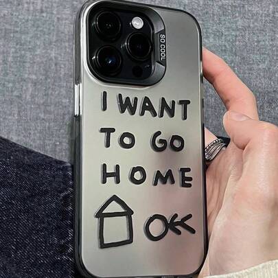 1个银黑色“我想回家”英文字母电镀镜片框架适用于苹果手机壳防水防震防摔防刮