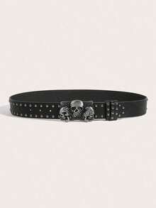 New Fashionable Personalized Rhinestone Decorated Casual Leather Belt For Women, Smooth Buckle Adjustable Waist Strap With Skull Charm Halloween Summer, School Fall, Autumn, Halloween - 黑色 - 查看 4