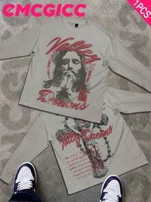 Manfinity Y2k Long Sleeve Shirts ,Graphic T Shirt Cotton 250g,Fashionable Hip-Hop For Men -  Long Sleeve T-Shirts, Funny Vintage Shirts,Regular Fit, Street Style, Digital Print,  Ideal Gift - 灰色 - 查看 1