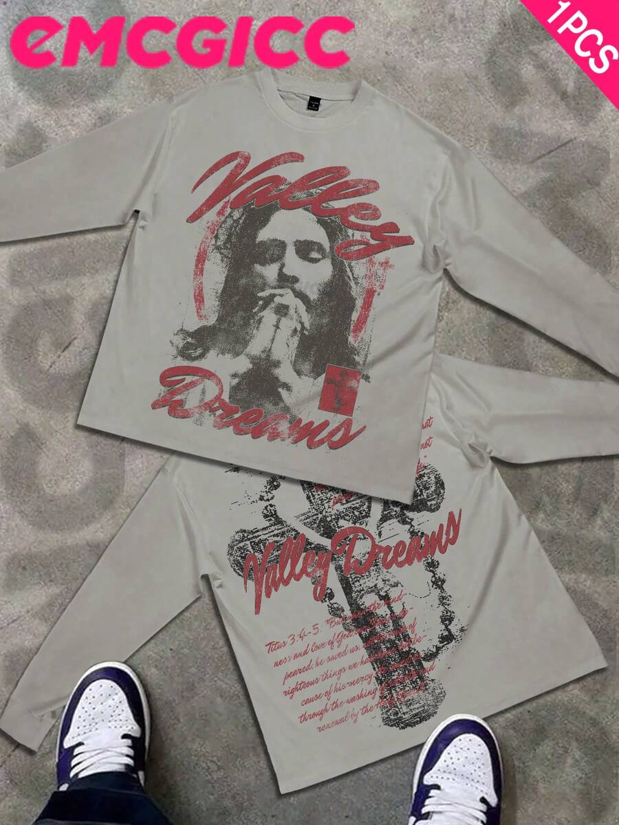 Manfinity Y2k Long Sleeve Shirts ,Graphic T Shirt Cotton 250g,Fashionable Hip-Hop For Men -  Long Sleeve T-Shirts, Funny Vintage Shirts,Regular Fit, Street Style, Digital Print,  Ideal Gift - 灰色 - 查看 1