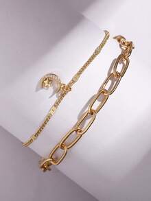 Tkool 2 件海滩度假风格脚链套装，回形针链配星星和月亮方晶锆石吊坠脚链，时尚珠宝 - 金黃色 - 查看 4