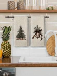 1/2/4 件超长 15.7X23.6 英寸复古圣诞厨房毛巾 - 农舍装饰洗碗布，米色和棕色树和铃铛图案，质朴的米色节日茶巾，适合圣诞节、新年和日常使用 - 可机洗，2 件套，带有节日松树和铃铛图案，背景带有红丝带蝴蝶结 - 彩色 - 查看 2