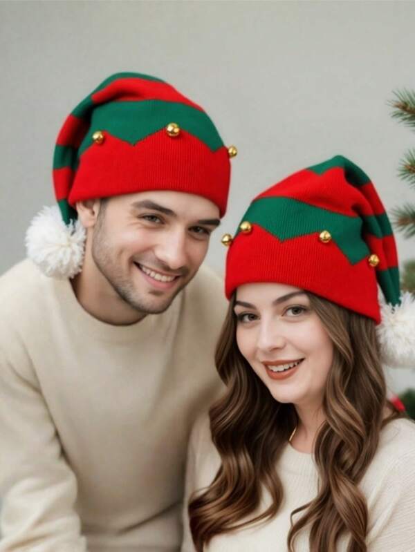 1pc Christmas Hat For Men & Women, New Autumn/Winter Jingle Bell, Colorblock, Pom Pom Knit Hat, Holiday Knitted Cap, Christmas Party Supplies, Christmas Decorations, Christmas Costume