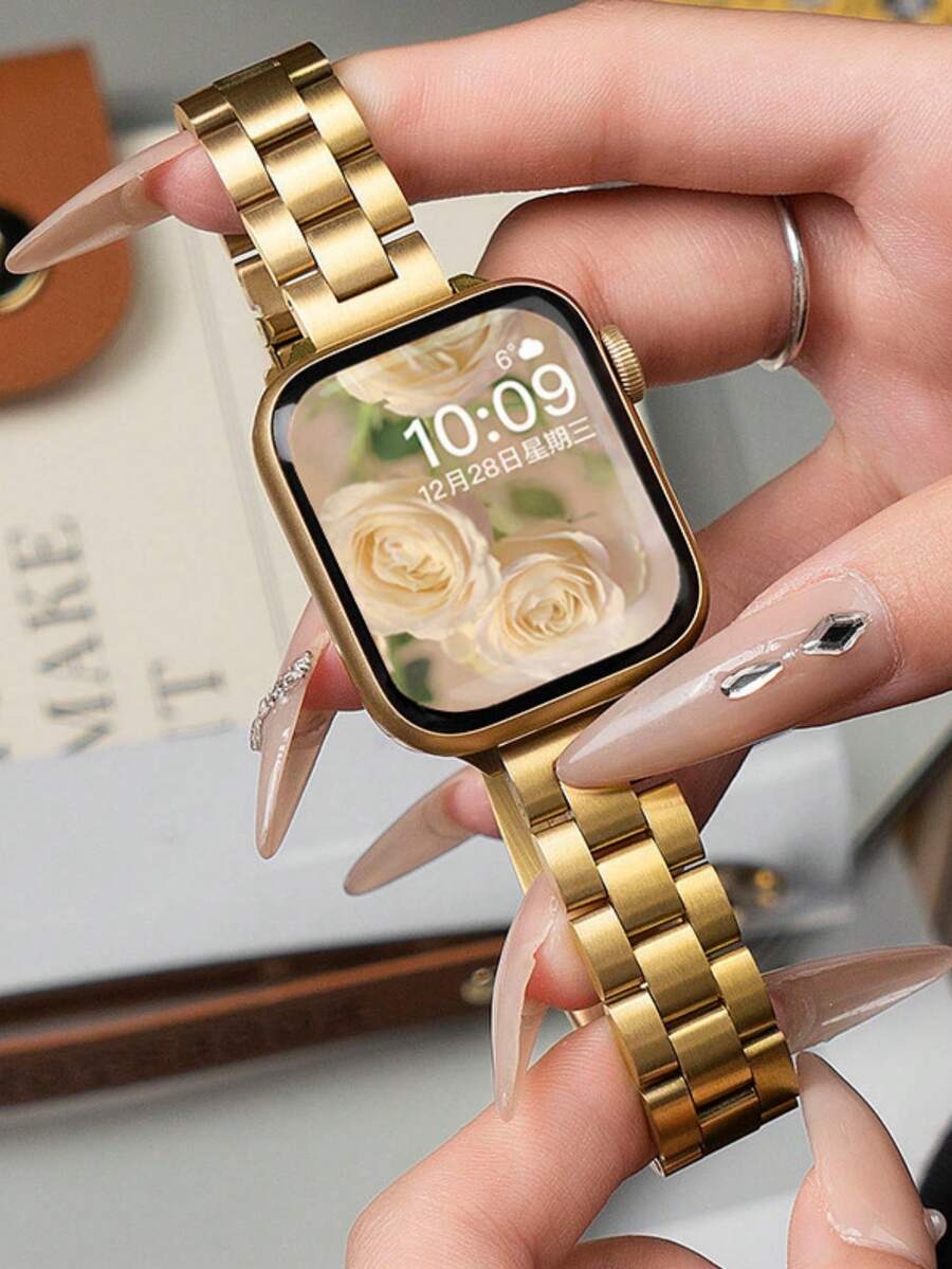1条不锈钢金色表带，兼容 49mm、46mm、45mm、44mm、42mm、41mm、40mm、38mm，商务时尚风格表带，兼容 Series Ultra 3/2/1、11、10、9、8、7、SE3、6、5、4、3、2、1，专业金属表带配件，兼容表带，抛光正式表带替换件。