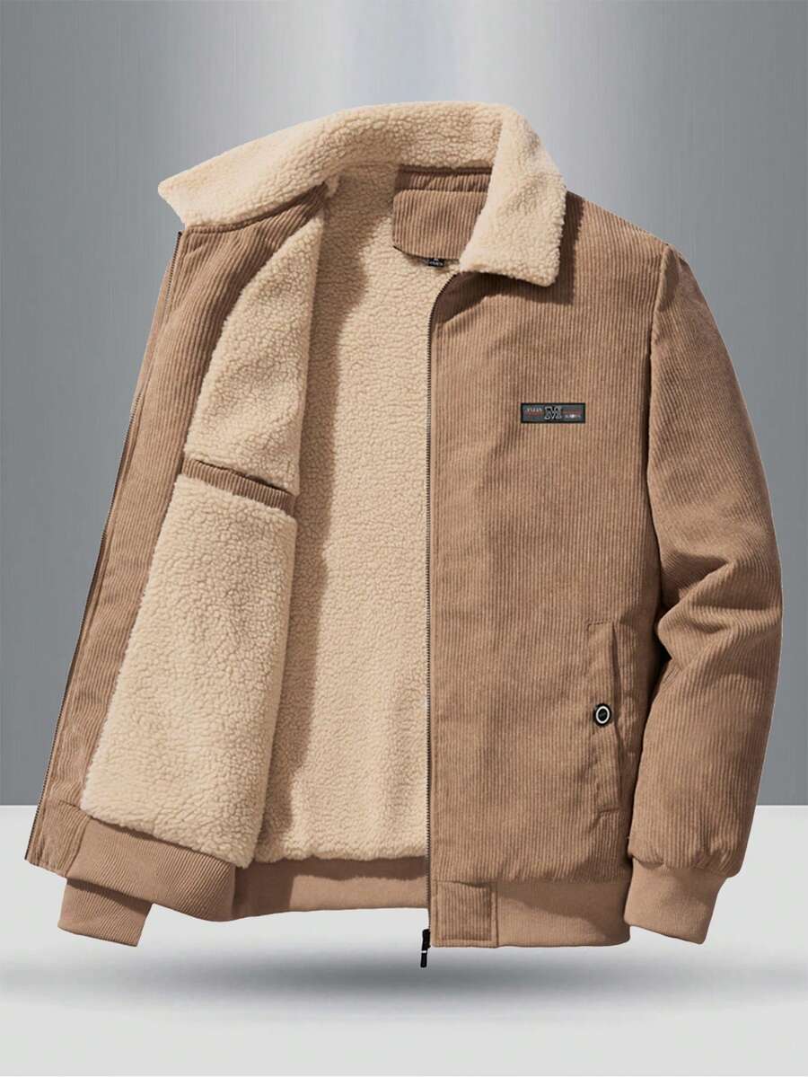 Teen Boy Solid Color Thermal Lined Warm Zip-Up Jacket With Letter Patch, Winter - 卡其色 - 查看 1