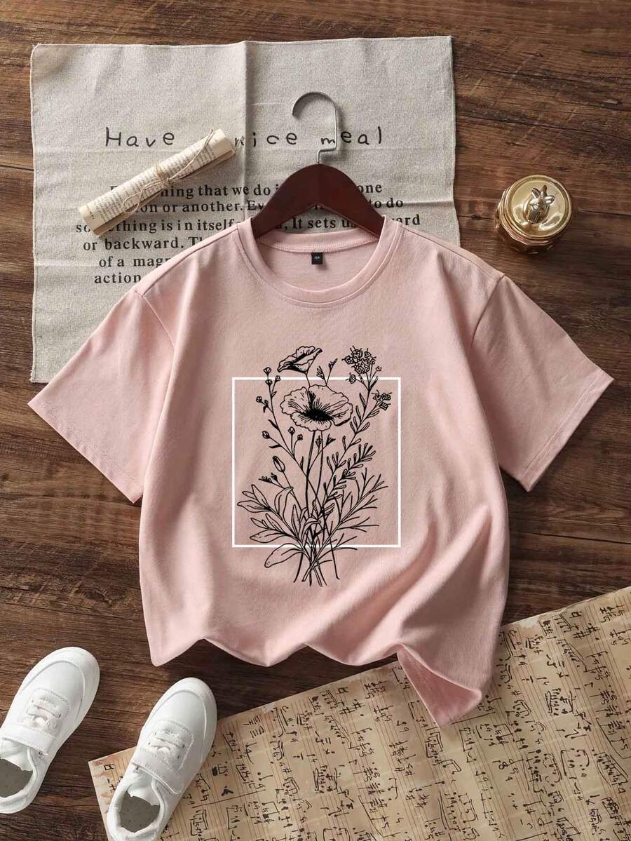 Tween 女童休闲图案印花圆领短袖 T 恤夏季上衣