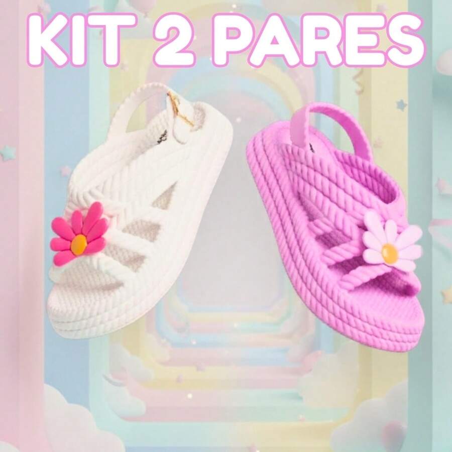 Kit Of 2 Pairs Of Girls' Daisy Sandals, Lightweight And Comfortable, Braided School Shoes - 白色+淡紫色 - 查看 1