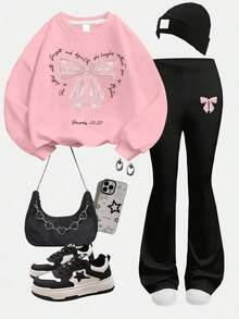 2 Pieces Teen Girls Soft Cute Slogan Bow Print Long Sleeve Hoodie Set, Teen Fashion For Lake Outing, Summer-Fall - Pink - View 2