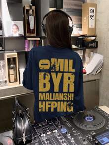 女式宽松休闲卡通字母印花长袖棉质T恤，春秋季 - 藏蓝色 - 查看 2