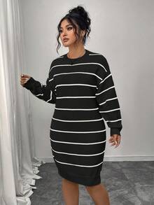 Vestido casual de mujer talla grande con bloques de color y rayas acanaladas en negro - Negro - Ver 3