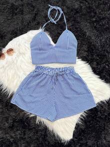 CONJUNTO 2 PEÇAS SHORT E CROPPED LISTRADO DUNA MODA THEND FASHION VERÃO 2026 - Azul Royal - Visão 2