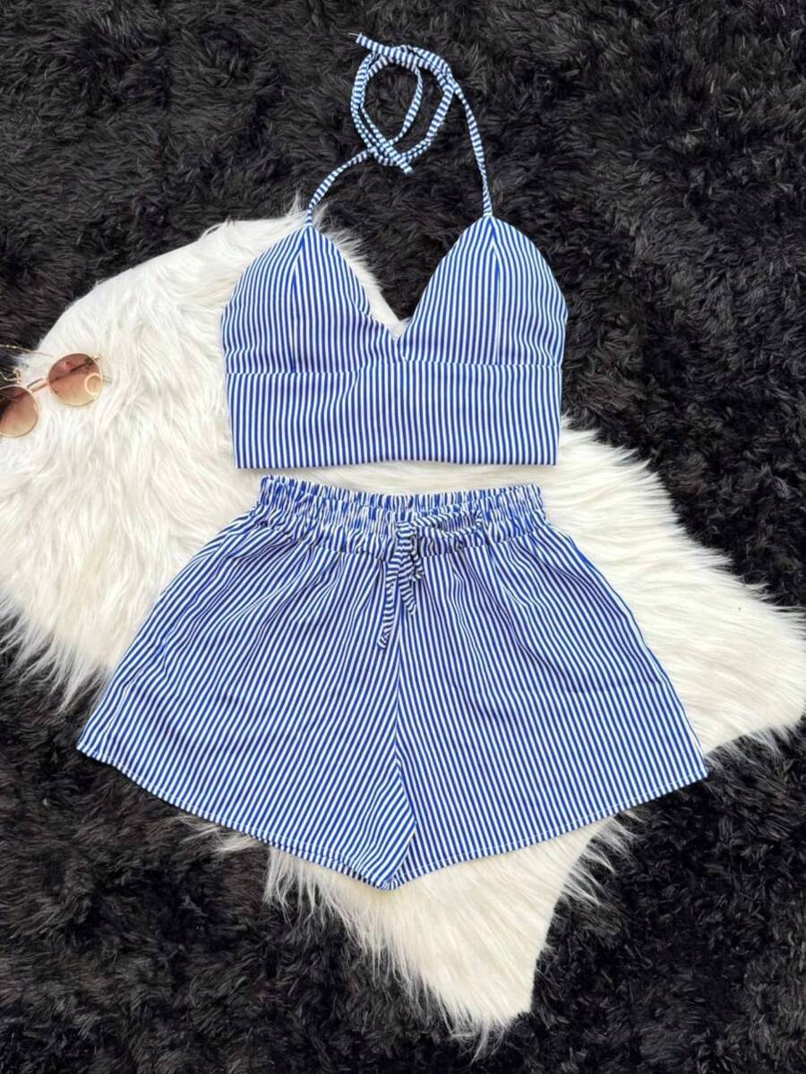 CONJUNTO 2 PEÇAS SHORT E CROPPED LISTRADO DUNA MODA THEND FASHION VERÃO 2026