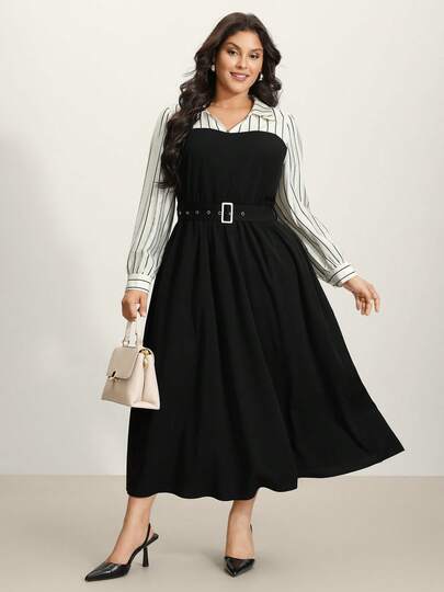 Plus Size Arabic Style Long Sleeve Dress With Collar, Belt, Flared Hem And Button Details, Long Woven Fabric