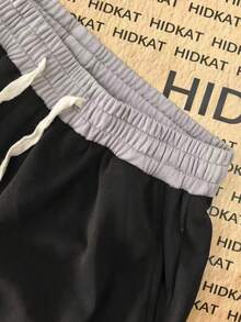 字母印花阔腿裤，高腰撞色设计，女士休闲宽松运动裤，街头风修身裤 - 黑色 - 查看 5