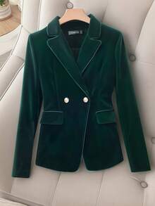 HOMEYEE 天鹅绒面料翻领长袖休闲优雅商务办公室女士西装外套，秋冬 - 墨綠色 - 查看 6