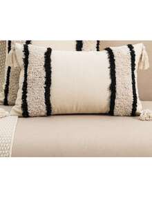 1pc Black & White Striped Pillow Cover, Canvas Plush Embroidered Tasseled Bohemian Nordic Bedroom Living Room Sofa Decorative Cushion Cover, Suitable For Holiday, Party, Outdoor Garden, Home Decor, 30*50cm, 45*45cm